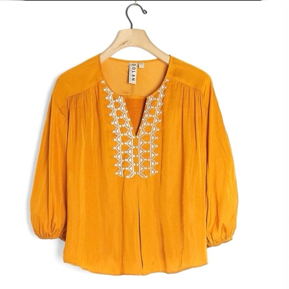 Anthropologie Tops - Anthropologie Dolan Alvia Peasant Embroidered V-Neck 3/4 Sleeve Satin Blouse Top